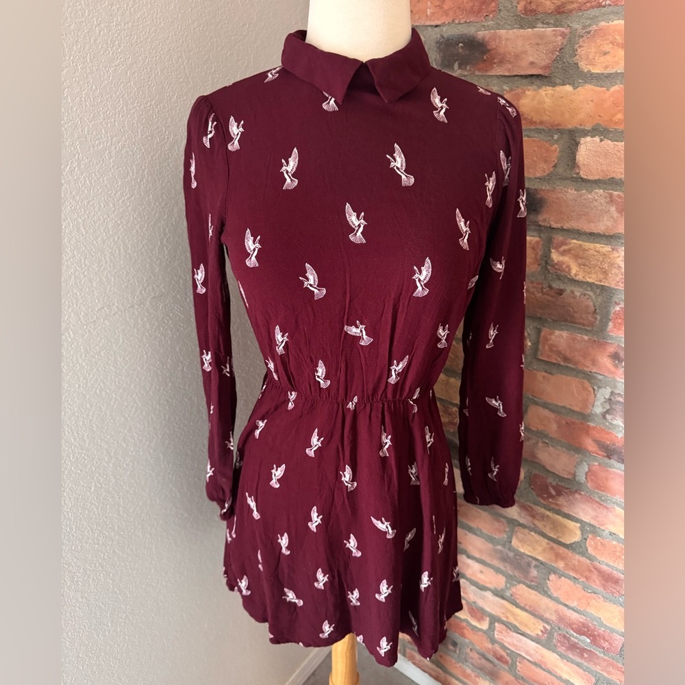 Maroon Bird Print Dress with Collar